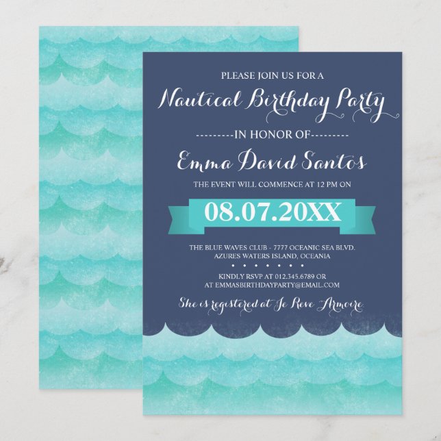 Invitation Bleu en mer Fête d'anniversaire nautique (Devant / Derrière)