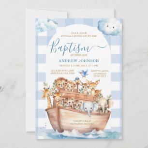 Invitation Bleu En vichy Noé's Ark mignonne Animaux Baptême