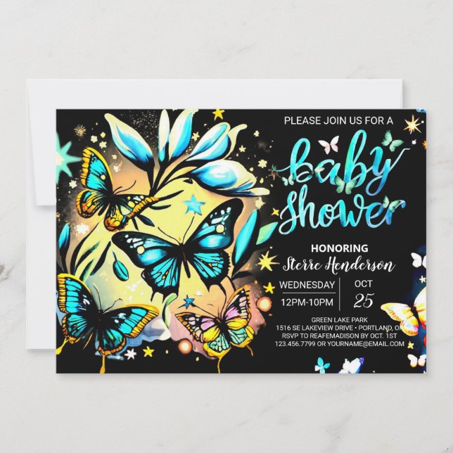 Invitation Bleu Enchanted Butterfly Baby shower numérique gar (Devant)