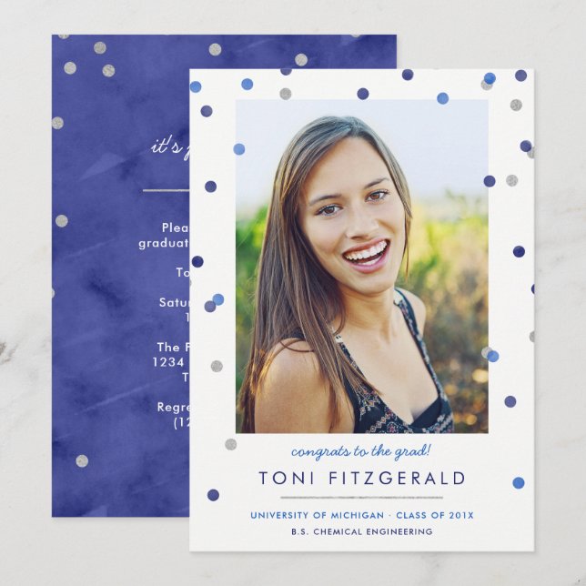 Invitation Bleu et argent Confetti Photo Graduation Invitatio (Devant / Derrière)