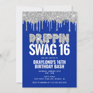 Invitation Bleu et argent Déchets Swag 16 Anniversaire
