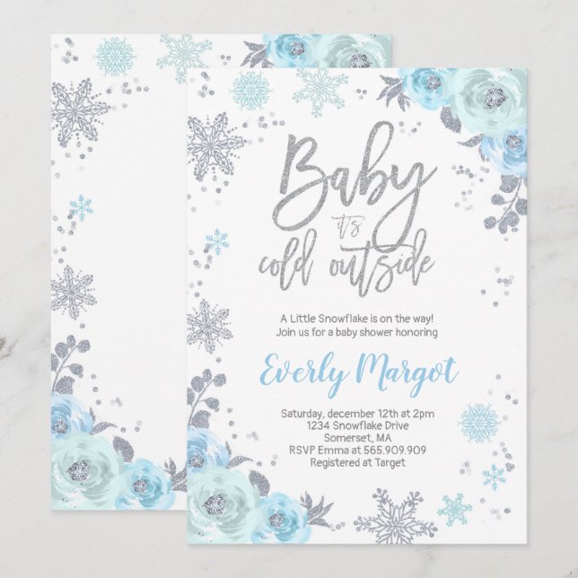 Invitation Bleu et argent d'invitation de baby shower d'hiver (Devant / Derrière)