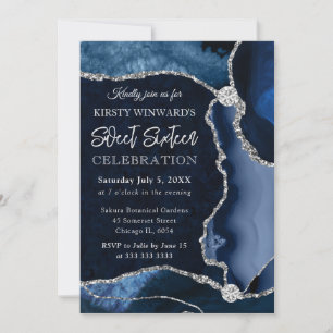 Invitation Bleu et argent faux paillettes agate Sweet 16