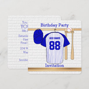 Invitation Bleu et blanc Baseball Jersey Anniversaire