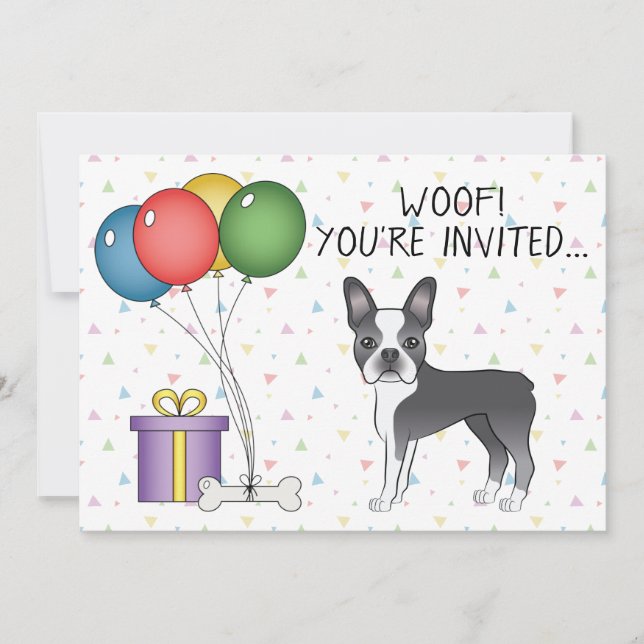 Invitation Bleu Et Blanc Boston Terrier Cute Dog - Anniversai (Devant)