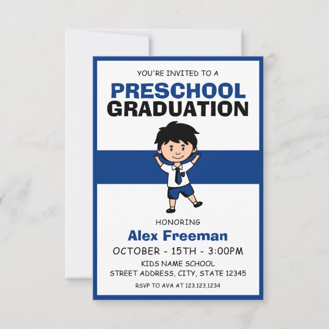 Invitation Bleu et blanc Cute Garçon Enfants Primaire Graduat (Devant)