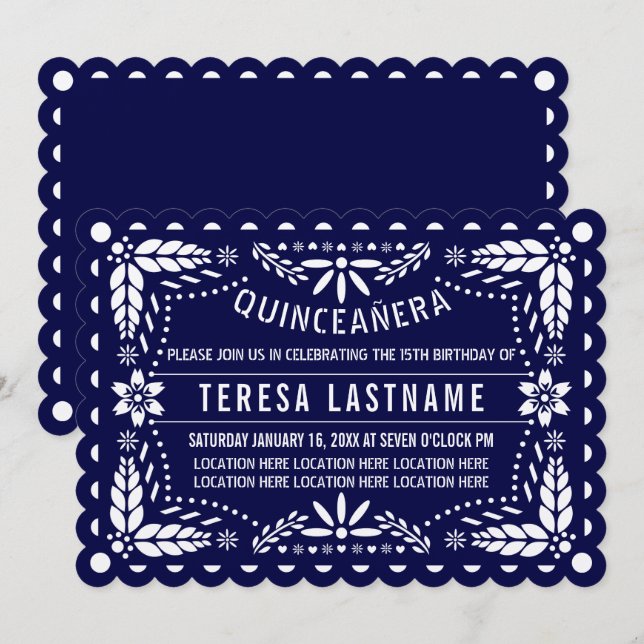 Invitation Bleu et blanc de la marine picado Quinceañera (Devant / Derrière)