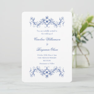 Invitation Bleu et Blanc Mariage Élégant Floral Français