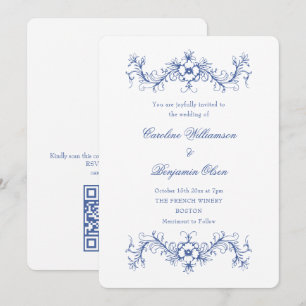 Invitation Bleu et Blanc Mariage Élégant Floral Français QR