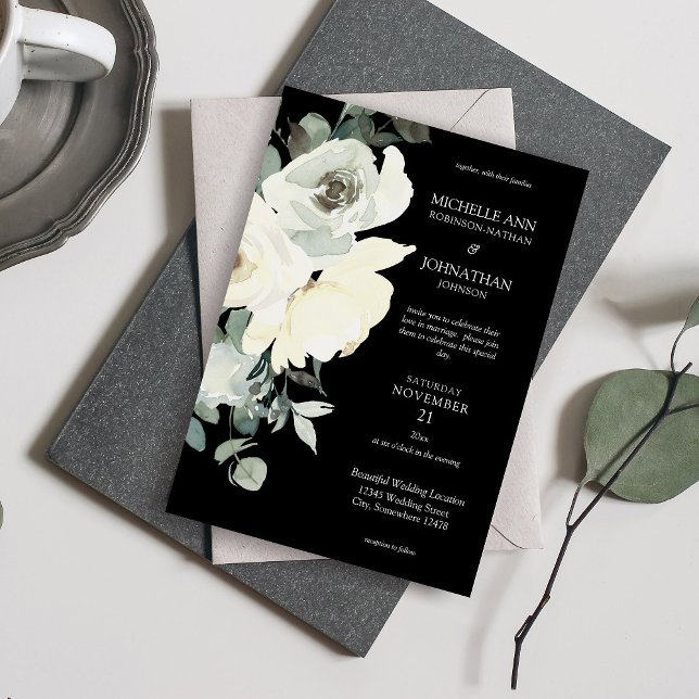 Invitation Bleu et blanc Mariage floral - Noir (Créateur téléchargé)