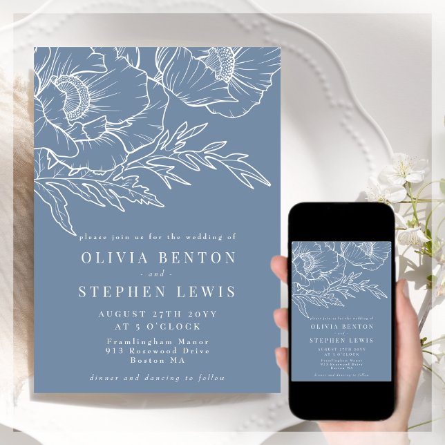 Invitation Bleu et blanc | Mariage floral simple (Créateur téléchargé)
