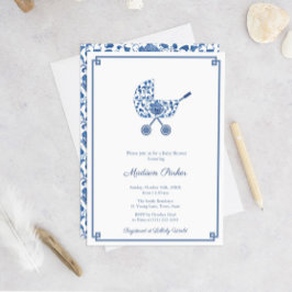 Invitation Bleu Et Blanc Pram Chinoiserie Baby shower Chic