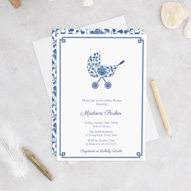 Invitation Bleu Et Blanc Pram Chinoiserie Baby shower Chic (Chinoiserie Chic Baby Carriage Or Buggy Baby Shower Invitation In Blue And White)