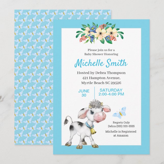 Invitation Bleu et blanc Vache mignonne Baby shower Floral In (Devant / Derrière)
