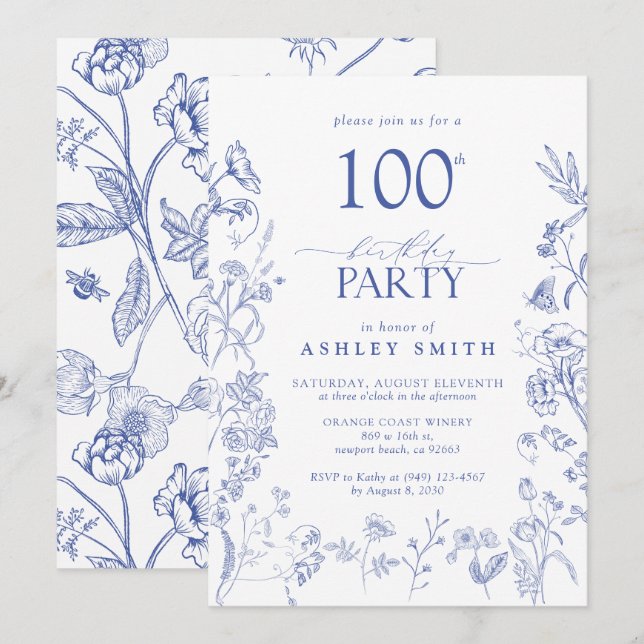 Invitation Bleu et blanc Victorien 100e fête d'anniversaire F (Devant / Derrière)