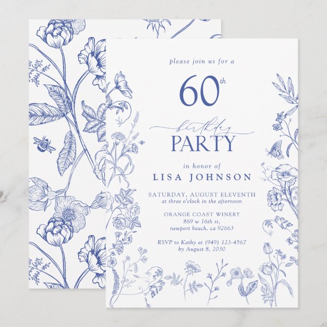 Invitation Bleu et blanc Victorien 60e fête d'anniversaire Fl (Devant / Derrière)