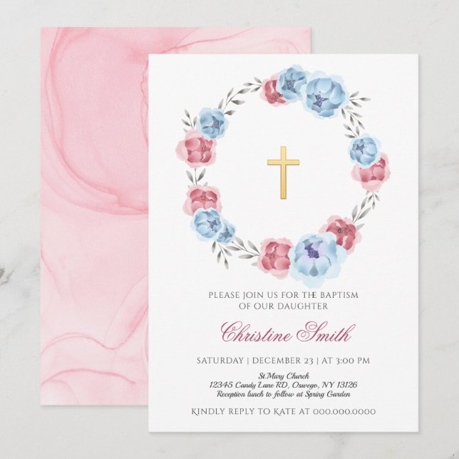 Invitation Bleu Et Blush Rose Floral Girl Garçon Baptême (Devant / Derrière)