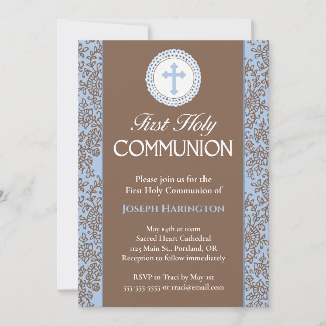 Invitation Bleu et Brown Floral Outlines Première communion (Devant)