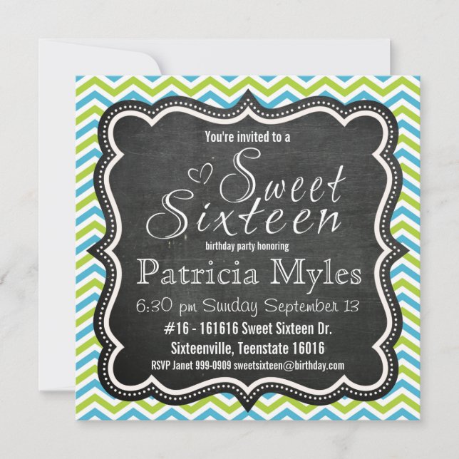 Invitation Bleu et citron Chevron Chalkboard Sweet 16 Party (Devant)