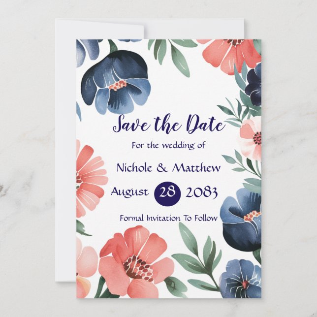 Invitation Bleu et corail Bouquet Mariage Enregistrer les car (Devant)