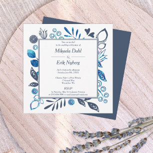 Invitation Bleu et feuilles fleurs gris-bleu Bordure Mariage