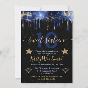 Invitation Bleu et Galaxie Dorée Marbre Sweet Sixteen