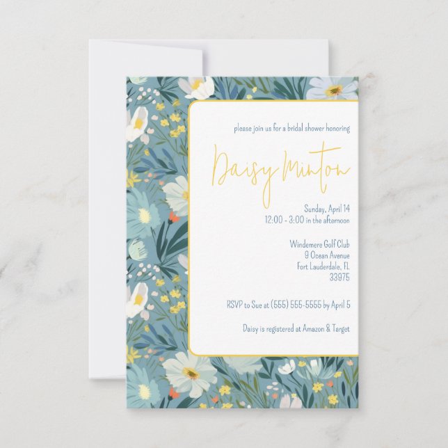 Invitation Bleu et Jaune, Fête des mariées florale printanièr (Devant)