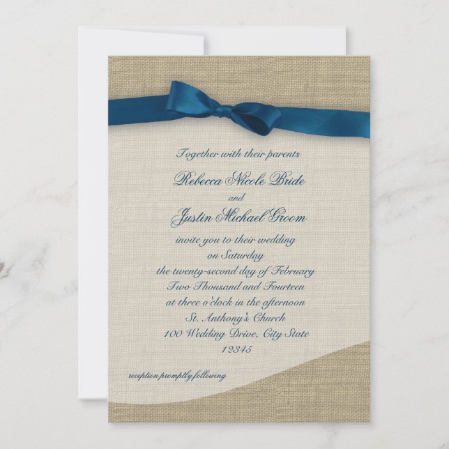 Invitation  bleu et Mariage Burlap (Devant)