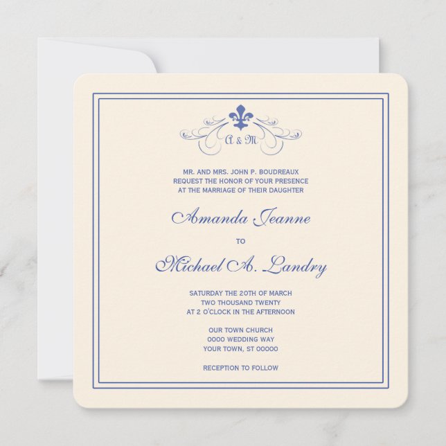 Invitation Bleu et mariage formel de White Fleur de Lis (Devant)