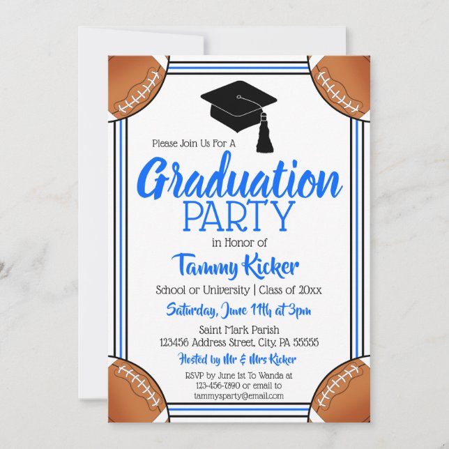 Invitation Bleu et Noir de football fête de graduation (Devant)