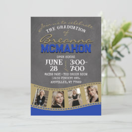 Invitation Bleu et or Chalkboard Filmstrip Graduation