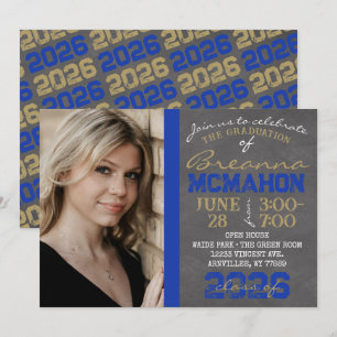 Invitation Bleu et or Chalkboard Graduation Photo