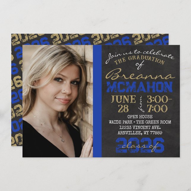 Invitation Bleu et or Chalkboard Graduation Photo (Repeating Class Year 1 Photo Graduation Invitations)