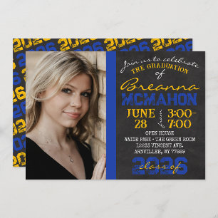 Invitation Bleu et or Chalkboard Graduation Photo