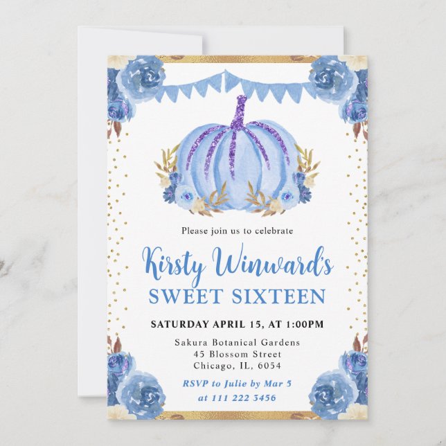 Invitation Bleu et or Citrouille Floral Automne Sweet 16 (Devant)