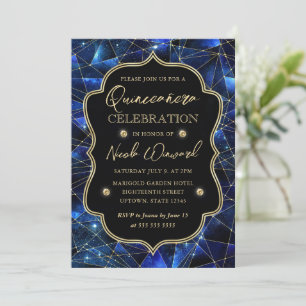 Invitation Bleu et Or Cristal de Minuit Galaxie Quinceanera