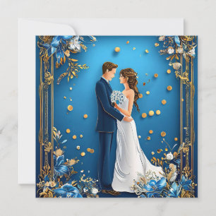 Invitation Bleu et Or Floral Mariage Romantique Élégant