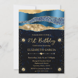 Invitation Bleu et or Glam Tears Bokeh fête d'anniversaire