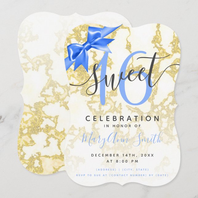 Invitation Bleu et or Marbre 16ème Anniversaire Ruban (Devant / Derrière)