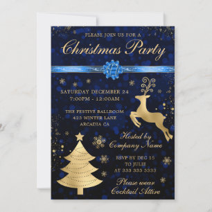 Invitation Bleu et or renne et fête de Noël des arbres