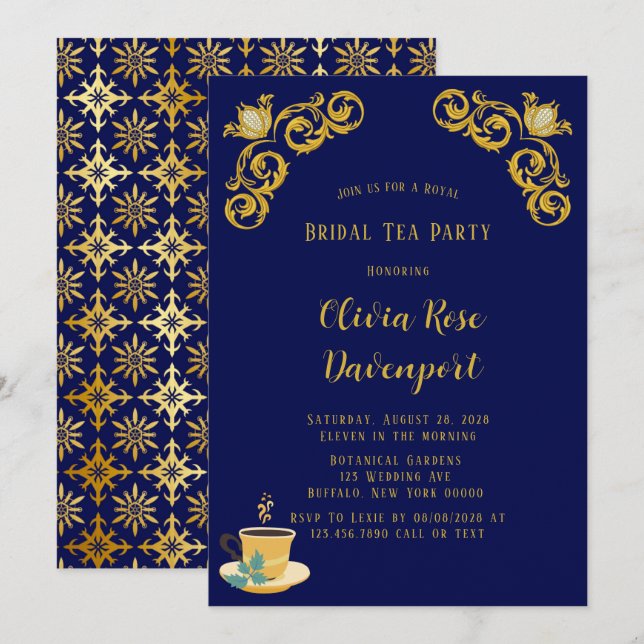 Invitation Bleu et or Royal Couronne Damask Bride Tea Party (Devant / Derrière)