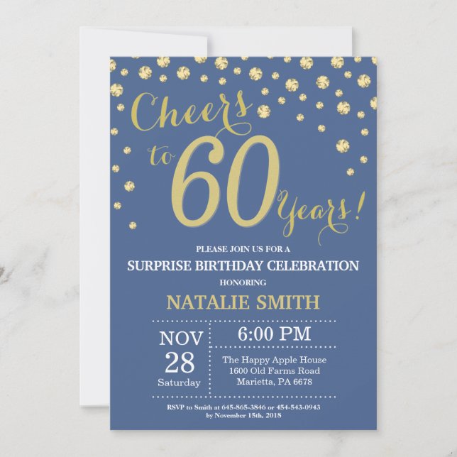 Invitation Bleu et or Surprise 60e Anniversaire Diamant (Devant)