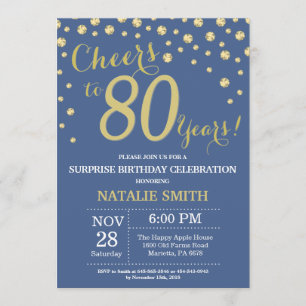 Invitation Bleu et or Surprise 80e Anniversaire Diamant