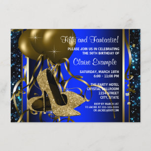 Invitation Bleu et or talons hauts femmes fête d'anniversaire