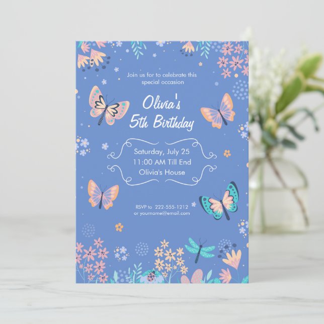 Invitation Bleu Et Papillon Rose Anniversaire, Papillon Paste (Debout devant)