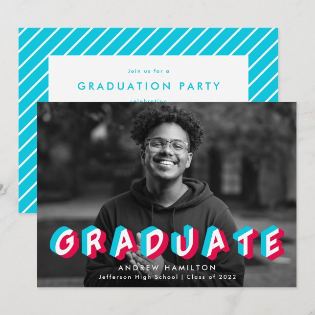 Invitation Bleu et rose| Anaglyph Photo Graduation Party (Devant / Derrière)