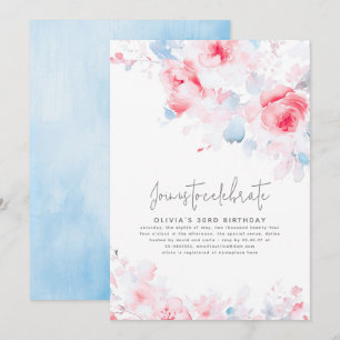 Invitation Bleu et rose floral élégant Anniversaire