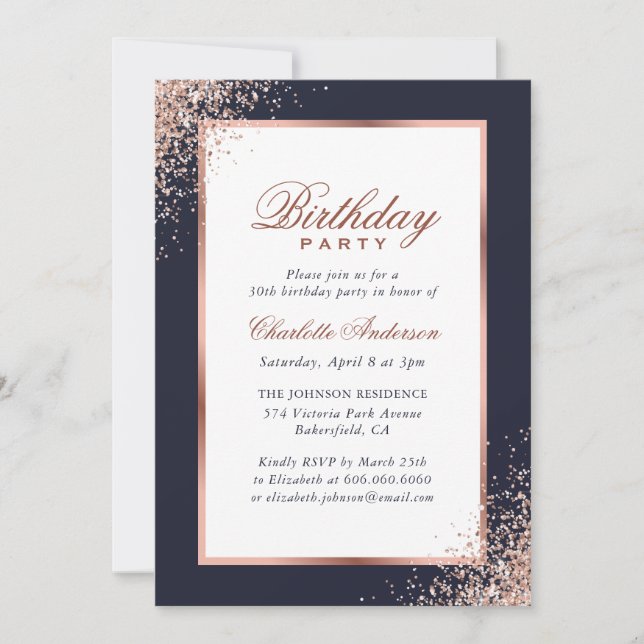 Invitation Bleu et Rose Gold Confetti fête d'anniversaire (Devant)