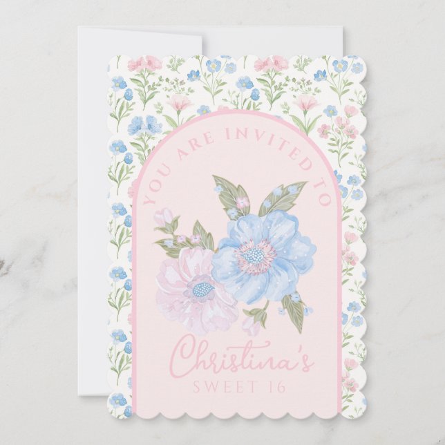 Invitation Bleu et rose Grandmillennial Floral Sweet 16 (Devant)