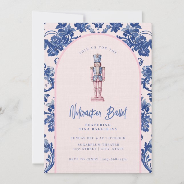 Invitation Bleu et rose Grandmillennial Nutcracker Ballet (Devant)